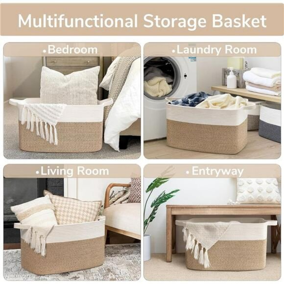Large Woven Storage Basket Cotton Rope Blanket Toy Organizer Bin for Bedroom - Picture 4 of 8